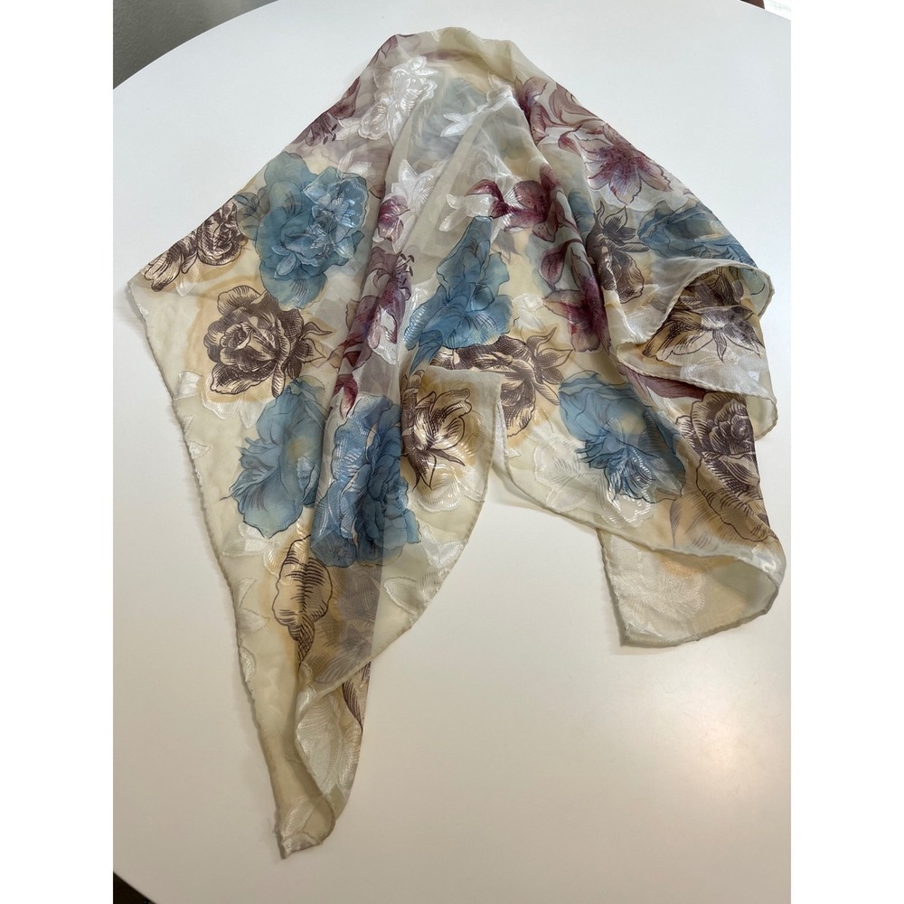 Vintage Floral Burnout Devore Square Scarf Blue Mauve Rose Sheer